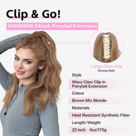 XIXISNOW Claw Clip Ponytail Extension for Women 22'' Clip On Synthetic Hair with Fluffy Layered Wavy Heat Resistant & Natural Look Curly Fake Hair Pony Tail Extensions (Brown Mix Blonde, 6OZ)