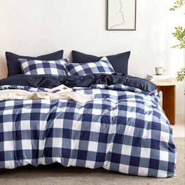 Wake In Cloud - Gingham Duvet Cover Set, Plaid Buffalo Checker Check Cute Aesthetic for Teen Boys Girls, Soft Lightweight Dorm Bedding, 3-Piece, Navy Blue White, Twin/Twin XL Size