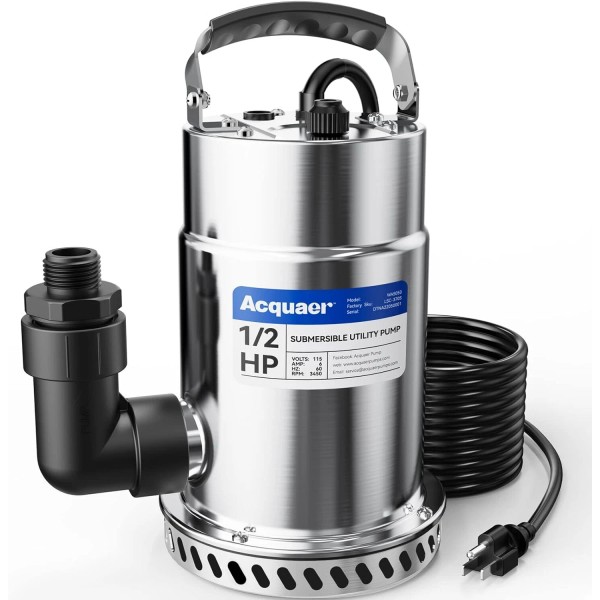 1/2HP Submersible Utility Pump 3030GPH Stainless Steel Sump Pump w/30ft