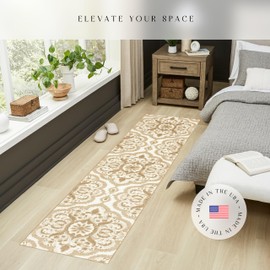 Maples Rugs Vivian Medallion Runner Rug - Made in USA - Washable, Non Slip, Indoor Carpet for Hallway, Kitchen, and Laundry Room, 2' x 9', Beige