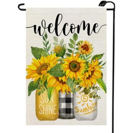Welcome Summer Sunflower Mason Jar Garden Flag 12x18 Inch Double Sided Small Burlap Floral Sunshine Outdoor Farmhouse Yard Flag XJ03