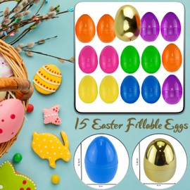 15x Easter Colourful Plastic Filler Eggs, Egg Hunt, Basket Stuffers, Golden Egg for Filling Specific Treats, Party Favor