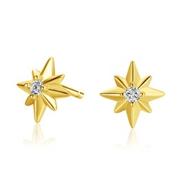 Tiny Star Earrings with Zirconia - Yellow Gold Plated Stud Earrings for Women, Copper
