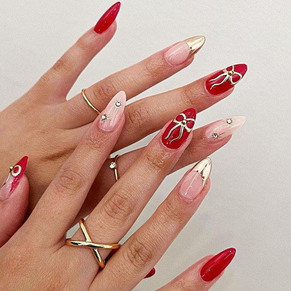 Red Press on Nails Medium Almond False Nails with Gold