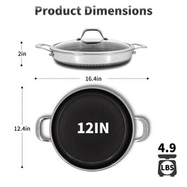 Bakoniion Hybrid Nonstick Skillet with Lid 12 Inch, Stainless Steel Paella Pan with Two Handles Multi-Functional Pan Dishwasher and Oven Safe