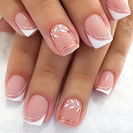 Square Press on Nails Short White French Tip Glue on Nails with Pink Glitter Lines Design White Leaf Acrylic Fake Nails Glossy Short Square Nails Press ons Artificial False Nails for Girls 24Pcs