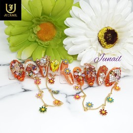 ❗Limited Edition❗Orange Flower Handmade Nail Tips - Short Straight Coffin / ❗한정판❗오렌지플라워 수제네일팁 - 숏일자형코핀