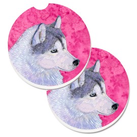 Caroline's Treasures Pink Siberian Husky Set of 2 Cup Holder Car Coasters , 2.56, Multicolor