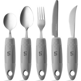 Special Supplies Adaptive Utensils (5-Piece Kitchen Set) Wide, Non-Weighted, Non-Slip Handles for Hand Tremors, Arthritis, Parkinson’s or Elderly Use (Grey)