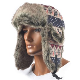 Russian Ushanka Cossack Trooper Trapper Aviator Hat Fur Lined Earflap Winter Cap with Chin Strap (Red/M)