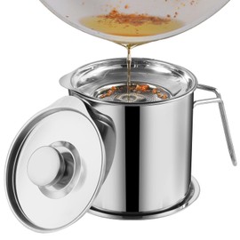 DIY HOME Grease Container, 1.8L / 61fl oz Oil Storage Strainer Oil Filter with Fine Mesh Strainer 304 Stainless Steel Grease Can For Kitchen Fat Storage