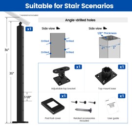 Muzata Aluminum Black Stair Cable Railing Post 36 Inch for 25-35 Degrees Stair 36"X2"x2" Surface Mount Cable Railing System Kit Indoor Outdoor Seaside with Paper User Guide PD01 Baas