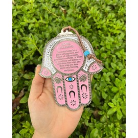 A&S Mezuzot Hamsa Hand Evil Eye Charm- Wall Décor Protection English/Hebrew Blessings Amulet Home/Business Good Luck Charms (Pink, English Blessing)