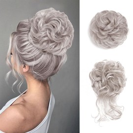 MSCHARM 2PCS Gray Messy Bun Hair Pieces for Women Bun Updo Hair Pieces Wavy Curly Synthetic Hairpieces for Women Updos Hair Buns Scrunchies Ponytail Extension #4503 Flaxen Gray