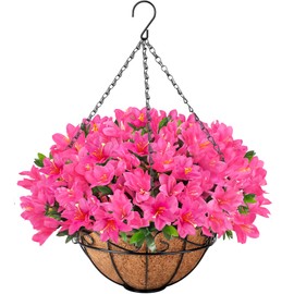 Ouddy Decor Artificial Hanging Flowers, Fake Silk Azalea Plants with Coconut Lining Hanging Baskets Outdoor for Spring Summer Yard Patio Front Porch Home Decorations, Pink