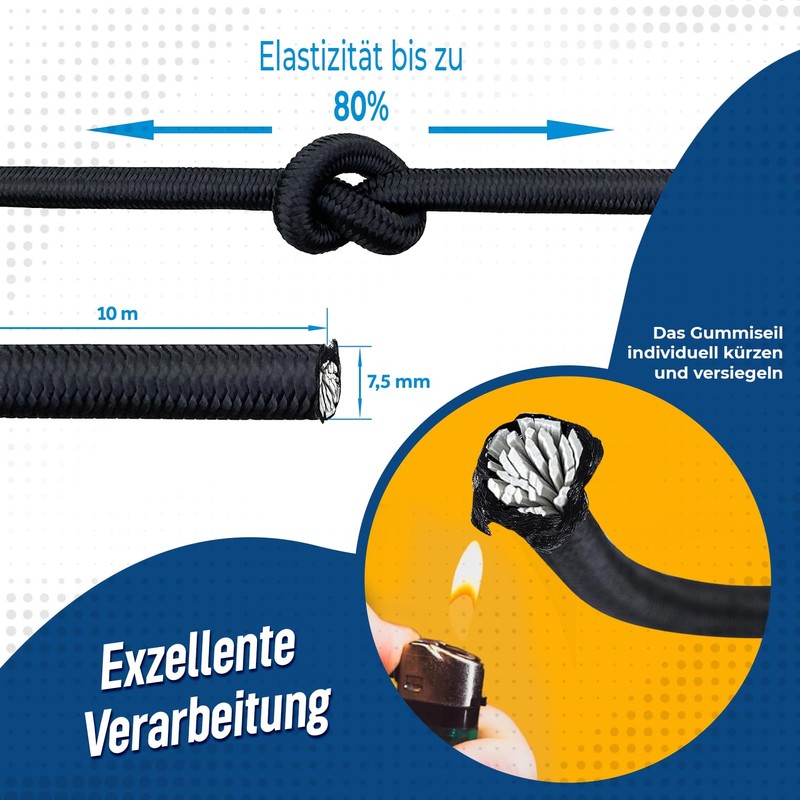 Rubber Cord, 10 Metres, Expander Rope, 7.5 mm Rubber Cord
