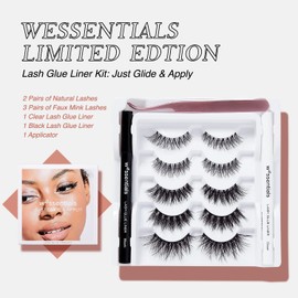 WeSSENTIALS 5 Pairs Trendy Reusable False Lashes Natural Wispy 3D Styles with 1 Black Glue Liner 1 White Glue Liner Felt Tip Applicator