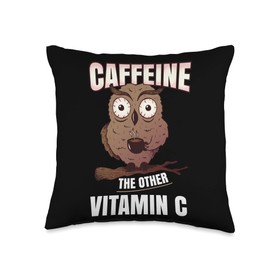 Funny Owl Coffee Gifts For Coffee Lovers Caffeine The Other Vitamin C | Funny Owl Coffee Drinker Throw Pillow, 16x16, Multicolor