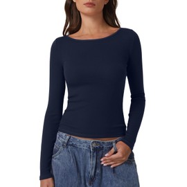 QINSEN Women Long Sleeve Shirts Ribbed Knit Round Neck Fitted Basic Tee Casual Outfits Going Out Tops Estate Blue M