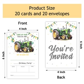 Zodvery Start Your Tractor Birthday Party Invitations Cards - Farmyard Green Tractor Party Invites for Girls Boy - Kids Fill in the Blank Invites Favors Supplies, 20 Cards with Envelopes set/B10