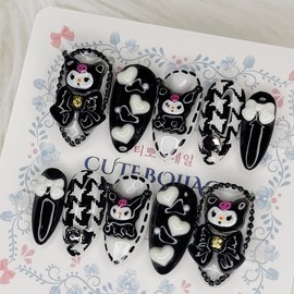 Black character handmade nail tips - Almond M / 블랙 캐릭터 수제네일팁 - 아몬드M