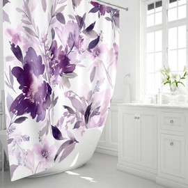 MAYZUS Extra Long Shower Curtain 72 x 84 Inch, Tall Watercolor Floral Fabric Shower Curtain, Modern Abstract Purple Flower Bathroom Shower Curtain Set with Hooks