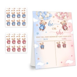LNOKRIM Gender Reveal Party Games, Teddy Theme Baby Gender Reveal Voting Board Sign, 48 Boy Girl Voting Stickers, He or She, Baby Gender Reveal Party Decorations Games for Boy or Girl Shower, Bear 04