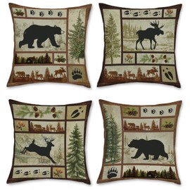 Bonhause Rustic Cabin Bear Throw Pillow Covers 18 x 18 Inch Set of 4 Lodge Moose Deer Animal Decorative Pillows Case Polyester Linen Outdoor Cushion Covers for Couch Sofa Bed Home Decor