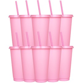 Yisituo 24 oz Reusable Plastic Cups, 10 Pack Cold Cups with Lid and Straw, Tumblers Travel Mugs for Adults and Kids Party and Beach, Pool Gatherings (10, Pink)