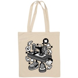 Iprints Cartoon Style Old Mechanic Sewing Machine Natural Cotton Tote Bag