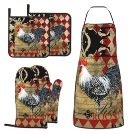 MIFSOIAVV Rooster Print Oven Mitts and Pot Holders Sets with Apron 5Pcs Heat Resistant Rooster Kitchen Mitten Gloves and Non-Slip Potholders Apron Sets Oven Gloves Hot Holders for Baking Cooking BBQ