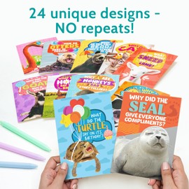 T MARIE 24 Funny Animal Joke Notecards With No Repeats - Humorous Bulk Cards Set - 4.5” x 6.25” Thinking of You Cards for Friends, Kids, Students, Teachers, Summer Camp and More