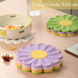 2 Pack Silicone Trivet for Hot Pots and Dishes, 6.7 Inch Daisy Anti-Slip Flexible Pot Holders Hot Pads, Heat Resistant Mat Multi-Use Creative Placemat, Hot Pads for Kitchen(Purple)