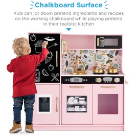Best Choice Products Pretend Play Kitchen Wooden Toy Set for Kids w/Realistic Design, Telephone, Utensils, Oven, Microwave, Sink - Pink Floral