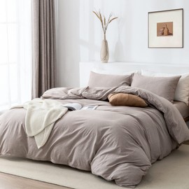 TIPTOE BEAR King Duvet Cover Set- 100% Washed Cotton 3 Pcs Soft Comfy Breathable Chic Linen Feel Bedding, 1 Duvet Cover and 2 Pillow Shams, Light Taupe