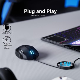 Uineer Uineer Wired Mouse, USB Wired Mouse with 6 Buttons Ergonomic Design,1.5M USB Cable Computer Mouse Gaming Mice 7200DPI Optical Mouse for PC Laptop, Matte Black