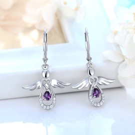 FJ Women Earrings Guardian Angel Earrings 925 Sterling Silver February Birthstone Amethyst Dangle Drop Earrings Jewellery Gifts for Women Girls