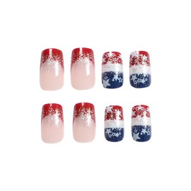KTAABTR French Tip Press on Nails Short Square Independence Day Star Fake Nails with Glue Red Blue Glitter Glossy Acrylic Nails for Women Girls DIY Full Cover False Nails Stick on Nails
