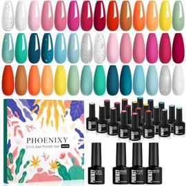 PHOENIXY- Juego de 24 esmaltes de uñas en gel, 21 colores, kit de uñas en gel para remojar, color nude, rosa, rojo, azul, verde, amarillo y naranja   