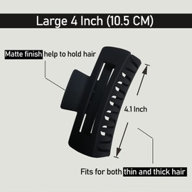 Nalodu Hair Claw Clips Large Square 4 Inch Matte No Slip Big Rectangle Jaw Clip Clamp for Thick Hair Women, 3 Pack Black