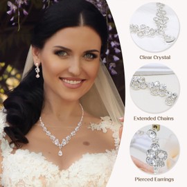 Oriamour Bridal Jewelry Set, Crystal Rhinestone Necklace Bracelet Earrings, Silver (Silver)