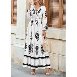 PRETTYGARDEN Women's 2025 Fall Wedding Guest Dresses Boho Floral Long Sleeve V Neck Flowy Elegant Maxi Dress Beach Clothes (Floral White Black,Small)