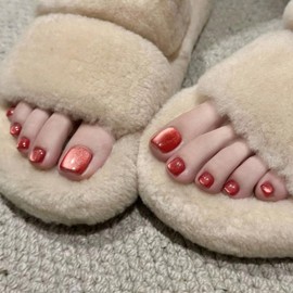 Artquee Red Cat Eye Press on Toenails for Women Short Fake Toe Nails with Adhesive Reusable Square Glossy Full Cover Tip Toenail Kit - 30 Pcs in 15 Sizes