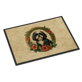 Caroline's Treasures DAC2432JMAT Shih Tzu Christmas Flowers Doormat Front Door Mat Indoor Outdoor Rugs for Entryway, Non Slip Washable Low Pile, 24H X 36W