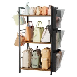 HapiRm Purse Organizer Storage Rack - Floor-Standing 3 Tier Purse Holder with Side Hooks and Transparent Pockets for Handbag Storage, High-Capacity Bag Organizer for Closet, Home, Living Room, Bedroom
