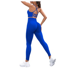 SHENHE Women's Workout Yoga Set 2 Piece Seamless Strappy Sports Bra High Waist Leggings Gym Set Royal Blue Small