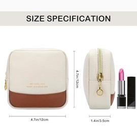 ‌Bolso de Maquillaje Pequeño para Bolso, Bolsa de Cosméticos de Cuero PU con Bolsillos Interiores y Cremallera, Ideal para Organizar y Viajar (Beige)