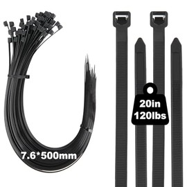 20 inch Cable Ties Long, 100 Pack 120 lbs Heavy Duty Zip Ties, 500 mm x 7.6 mm Black Nylon Plastic Self Locking Cable Wrap with UV Resistant for Tidy Wires, Machinery, Workshop, Outdoor and Garden