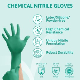 Ansell TouchNTuff 92-605 Disposable Nitrile Gloves, Powder-Free and Food Certified, High Chemical Resistance and Mechanical Protection, Professional Safety Gloves, Green, Size M (100 Gloves)