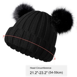 Womens Winter Double Pom Pom Beanie Hats Detachable Fur Ball Cute Cap Warm Soft Cable Knit Hat with Ears for Women, Black, One Size